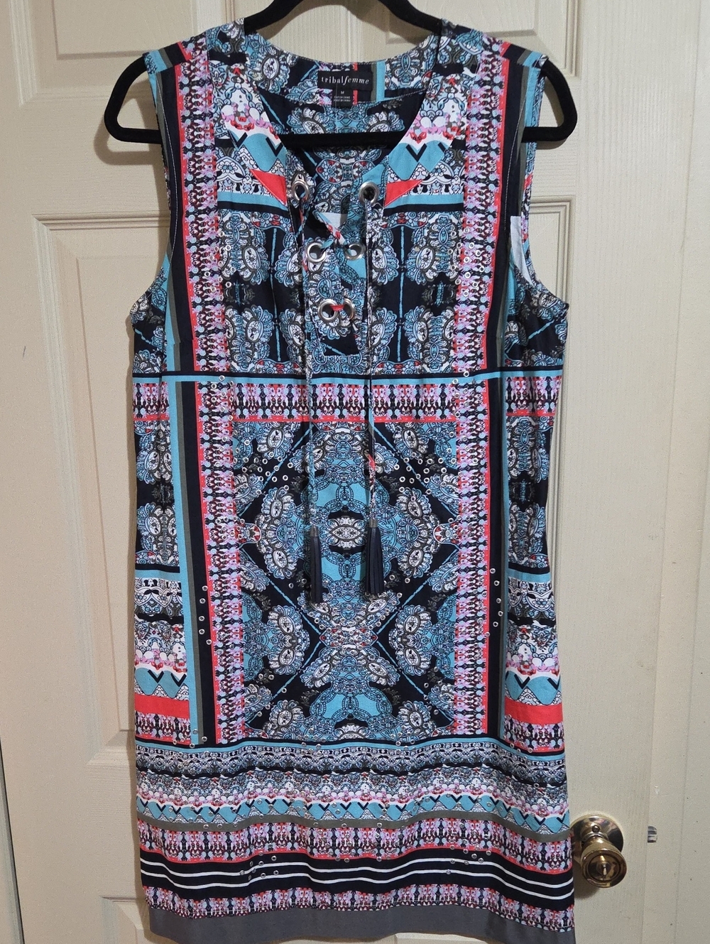 Tribal Femme Lace-Up Shift Dress - Black, Turquoise & Coral